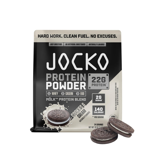 Jocko Fuel Mölk whey tub in Cookies & Cream flavor for daily protein.