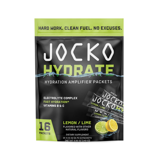Jocko Fuel Low Sugar Lemon Lime packet dissolving in water for quick hydration.