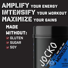Jocko Fuel Ultimate Pre Workout powder scoop with blue raspberry flavor for quick mixing.