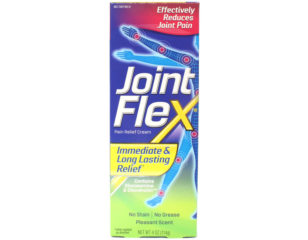 JointFlex Pain Relieving Cream bottle applying to knee for quick relief.