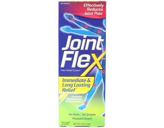 JointFlex Pain Relieving Cream bottle applying to knee for quick relief.