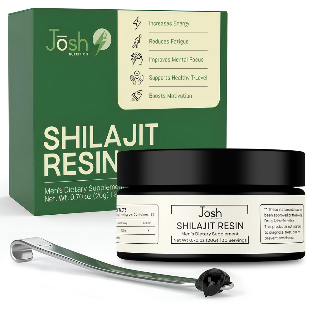 Jōsh Pure Himalayan Shilajit Resin jar shows rich amber texture for steady energy.