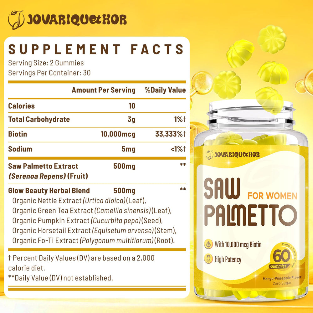 Jovariquethor Biotin 10000mcg gummies support healthy hair, skin, and nails.