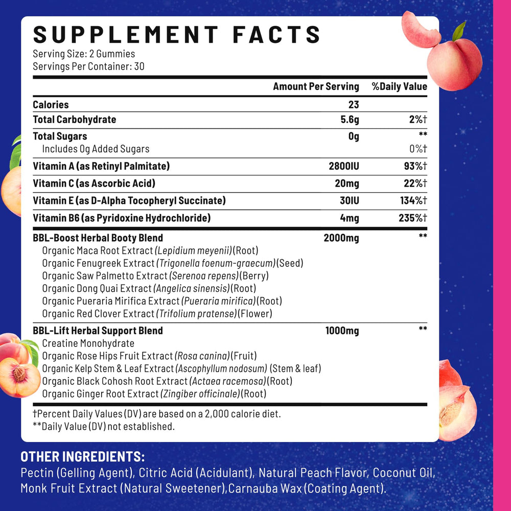 Jovariquethor Booty Gummies peach closeup highlighting tasty, sugar-free, plant-based formula