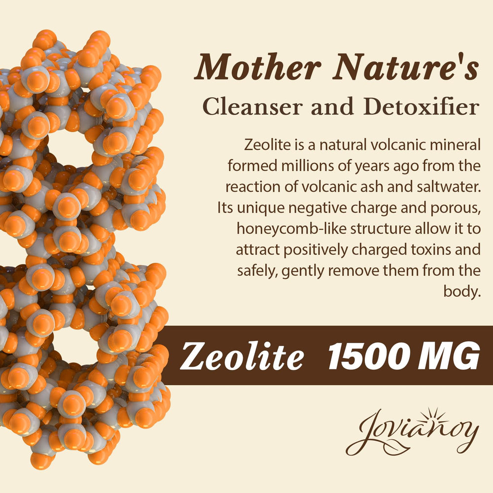 Jovianoy Zeolite Detox bottle on shelf emphasizes organic, high-purity production.