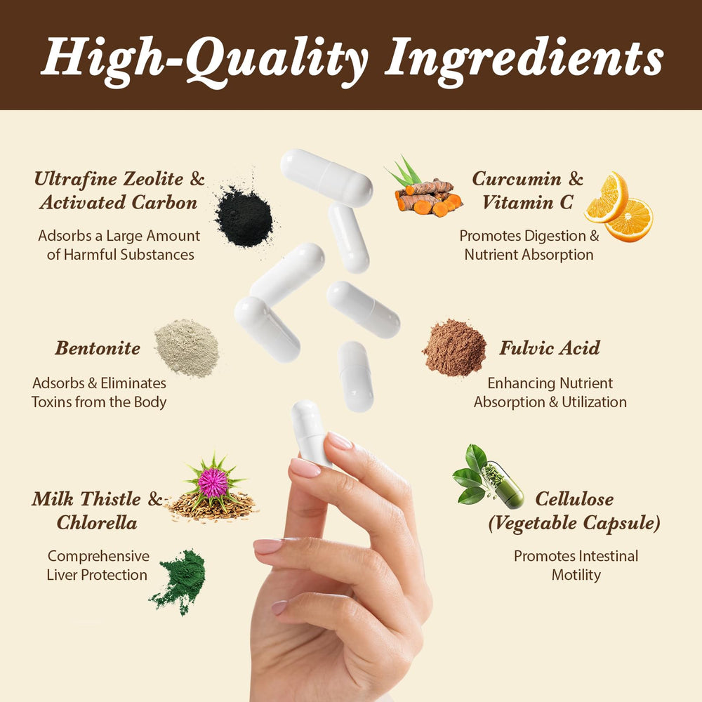 Jovianoy Zeolite Detox capsules with charcoal and bentonite highlight ingredients.