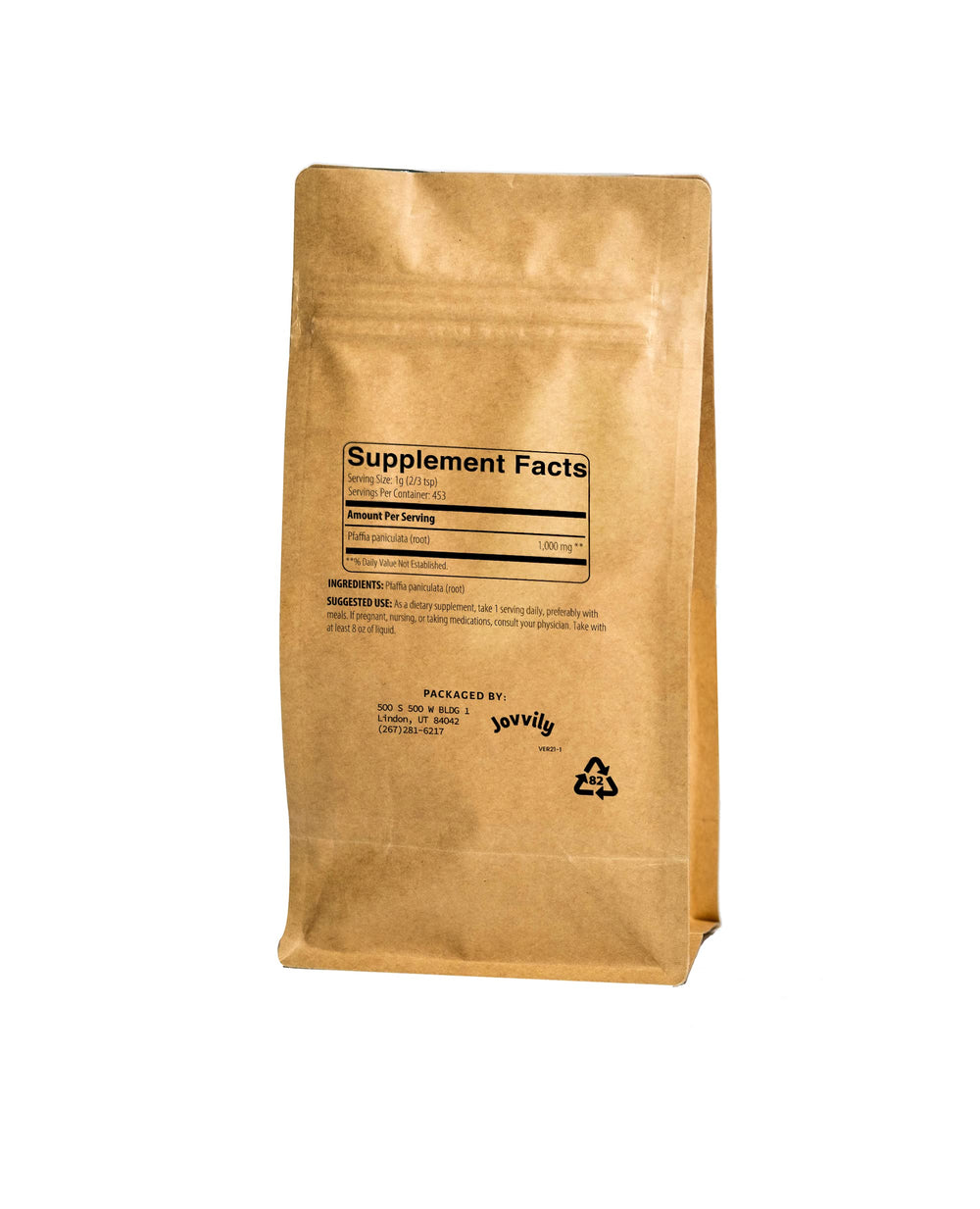 Jovvily Suma Root powder-dispense closeup showing simple, additive-free herbal powder