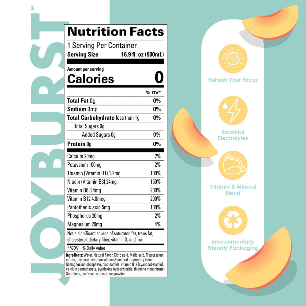 JOYBURST Sugar Free Electrolyte Water Peach close-up highlighting Lion's Mane and vitamins