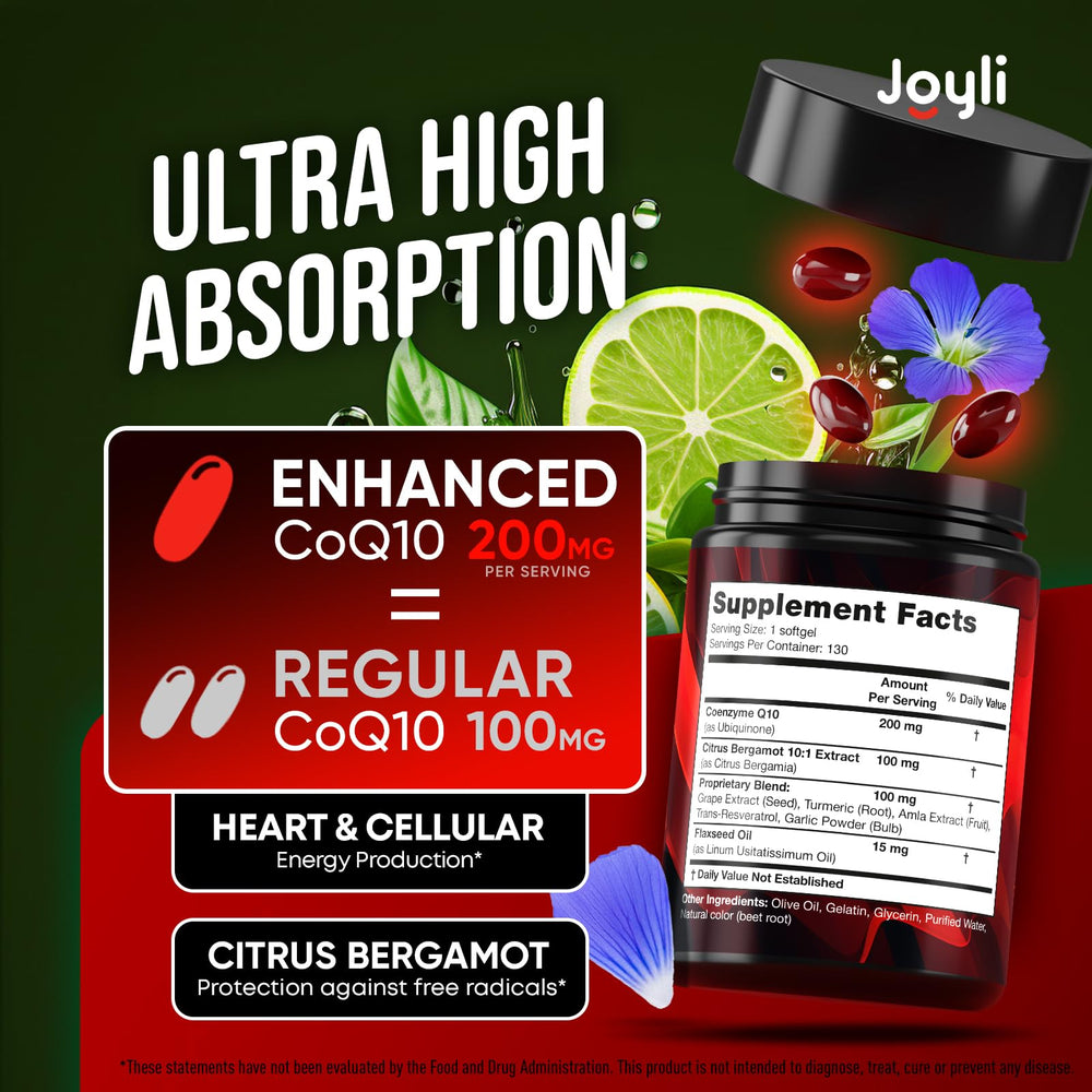 JOYLI CoQ10 200mg softgels on the label highlighting GMO-free and gluten-free ingredients.