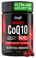 JOYLI Nutrition CoQ10 500mg bottle supporting heart vitality and daily energy.