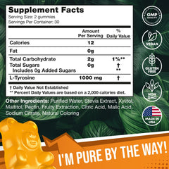 JOYLI Nutrition L-Tyrosine Gummies label front highlights 1000mg per serving and vegan, non-GMO benefits.
