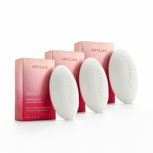 Joylux SHEBar 3-pack product shot showing gentle cleansing bars.