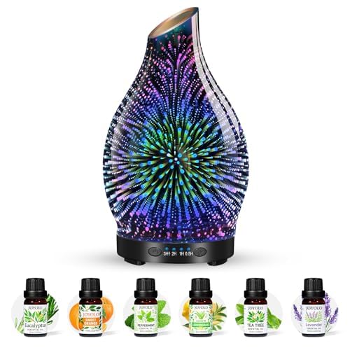 JOYOLO glass diffuser with 3D fireworks pattern enhances decor and scent.