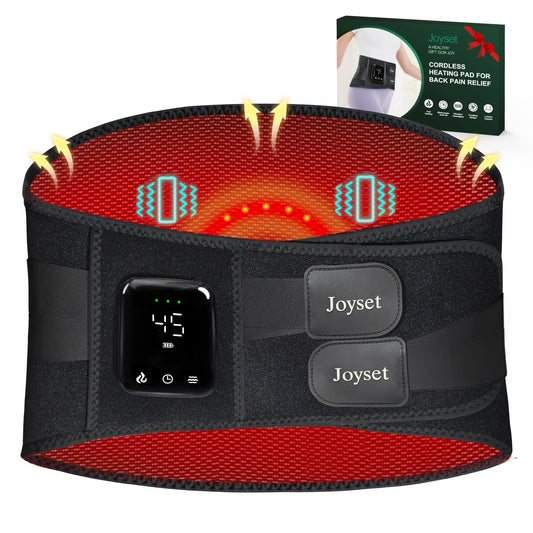 Joyset cordless back heating pad offers portable warmth for on-the-go relief.