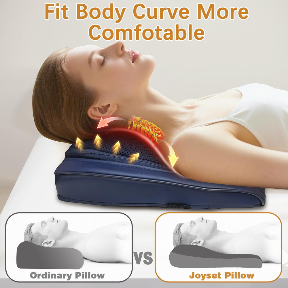 Joyset neck and shoulder massage pillow close-up shows ergonomic design for comfort.