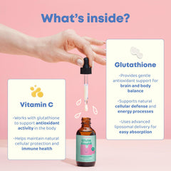 JoySpring Glutathione kids drops label shows ingredients and dosing guidance.