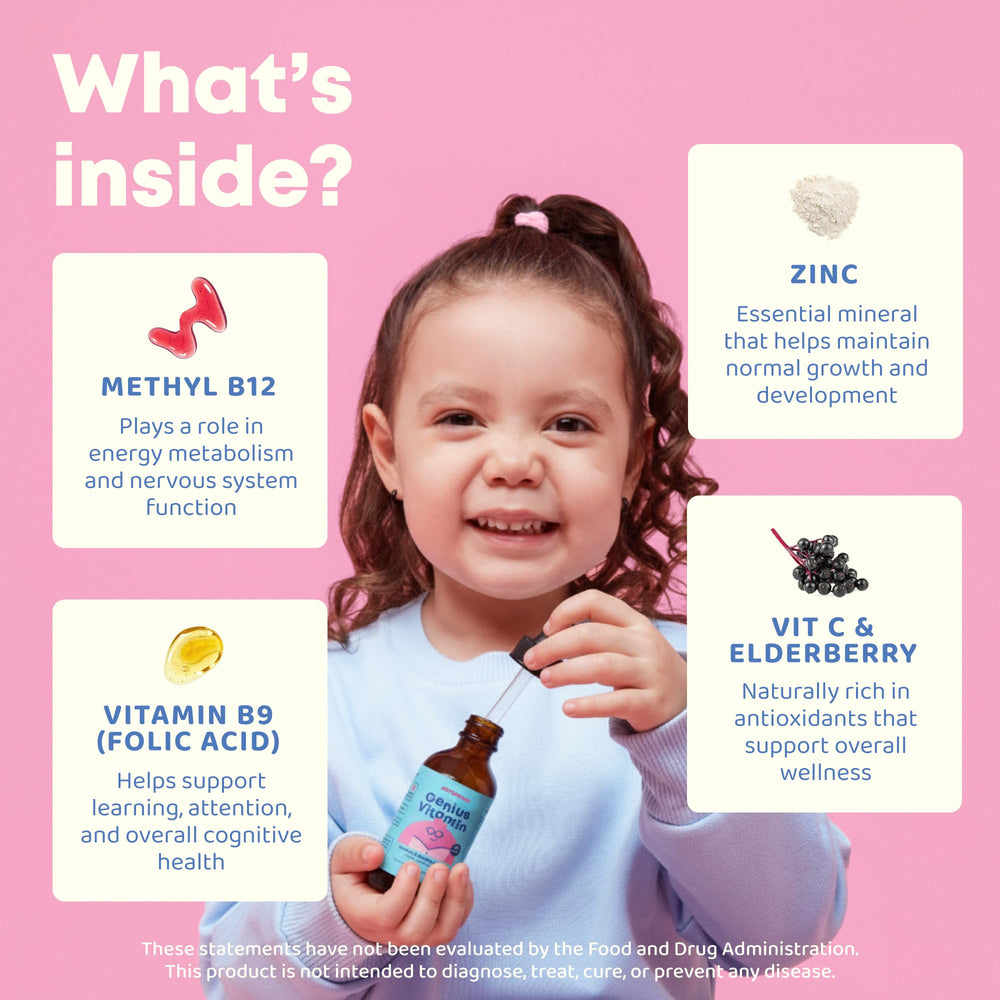 JoySpring Kids B Complex USA-made bottle on a kitchen shelf.