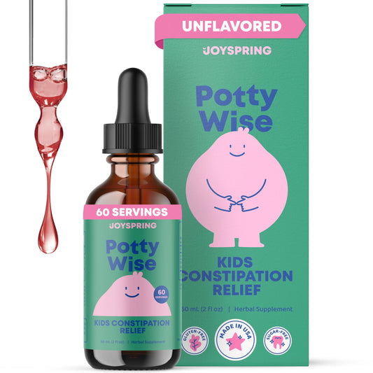 JoySpring Potty Wise bottle front shows elderberry-senna blend for gentle kid digestion.