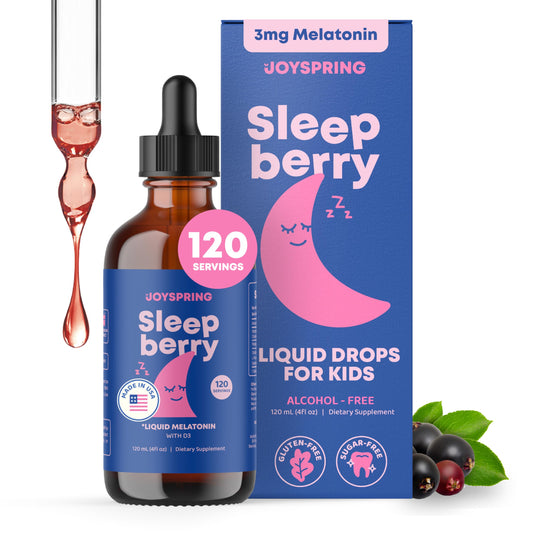JoySpring SleepBerry bottle front view promotes a gentle bedtime routine for kids.