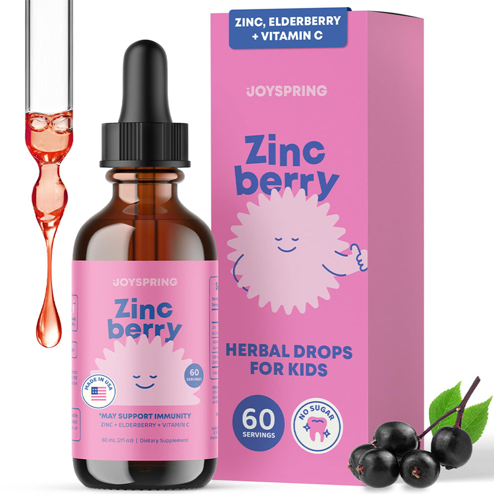 JoySpring ZincBerry bottle showing kid-friendly elderberry flavor for immune wellness.