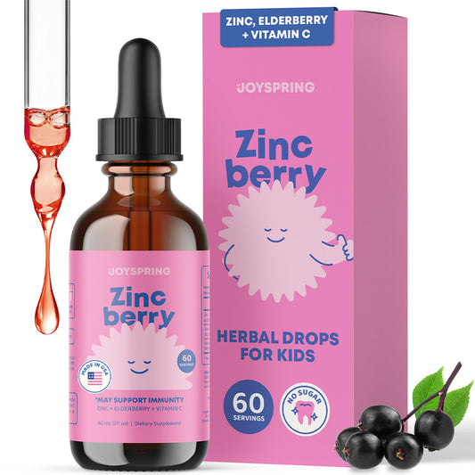 JoySpring ZincBerry bottle showing kid-friendly elderberry flavor for immune wellness.