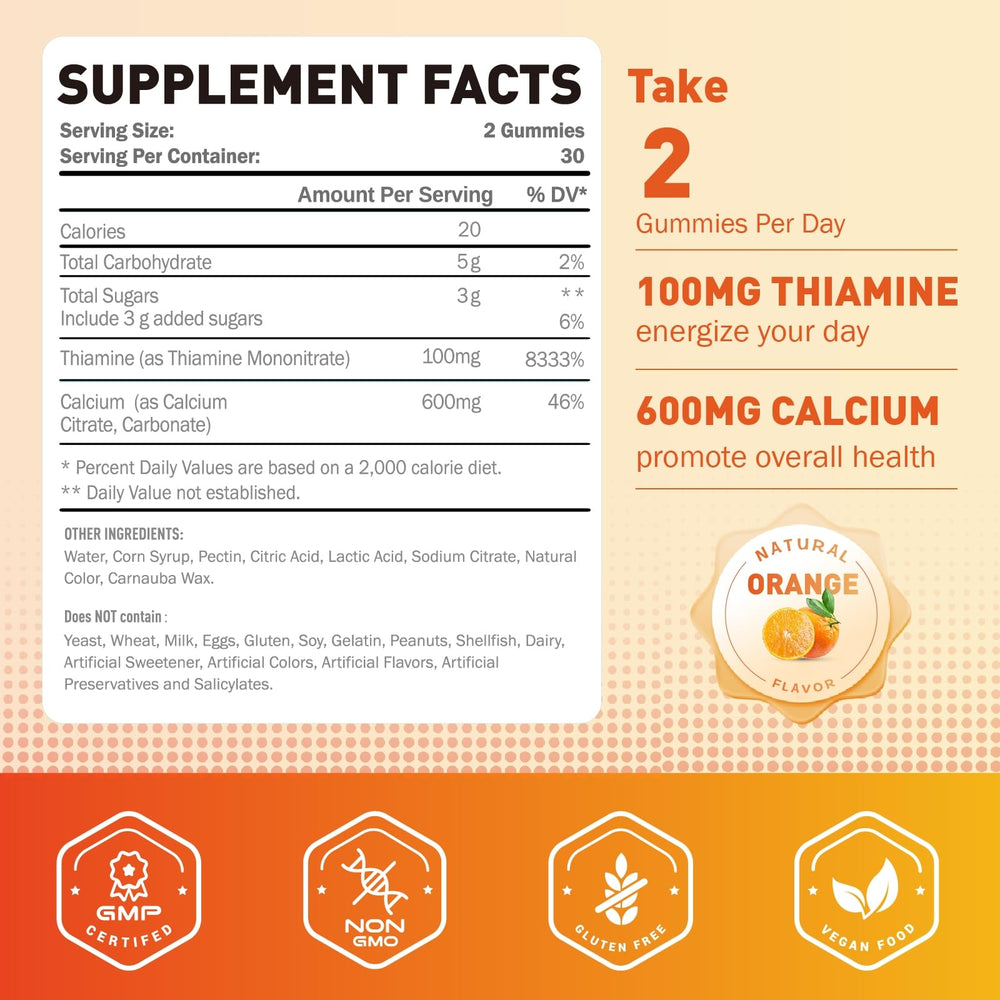Joywiit B1 gummies nutrition label highlights calcium for bone health.