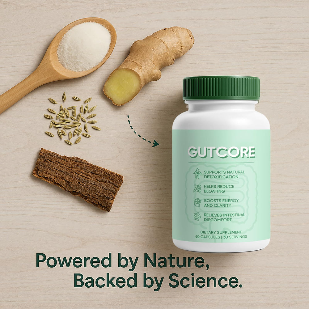 Ingredients list featuring inulin, fennel, ginger, and slippery elm bark in GutCore.