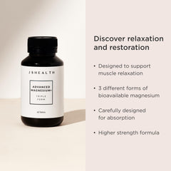 JSHealth magnesium capsules close-up highlighting glycinate, citrate, and chelate blend for absorption.