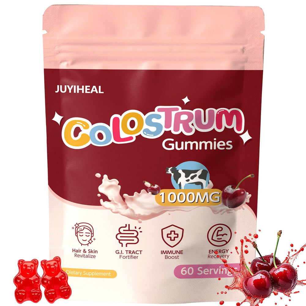 JUYIHEAL Colostrum Gummies packaging highlights premium grass-fed ingredients for daily wellness.