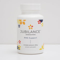 Jubilance PMS Support capsules close-up highlights vegan, hormone-free option.