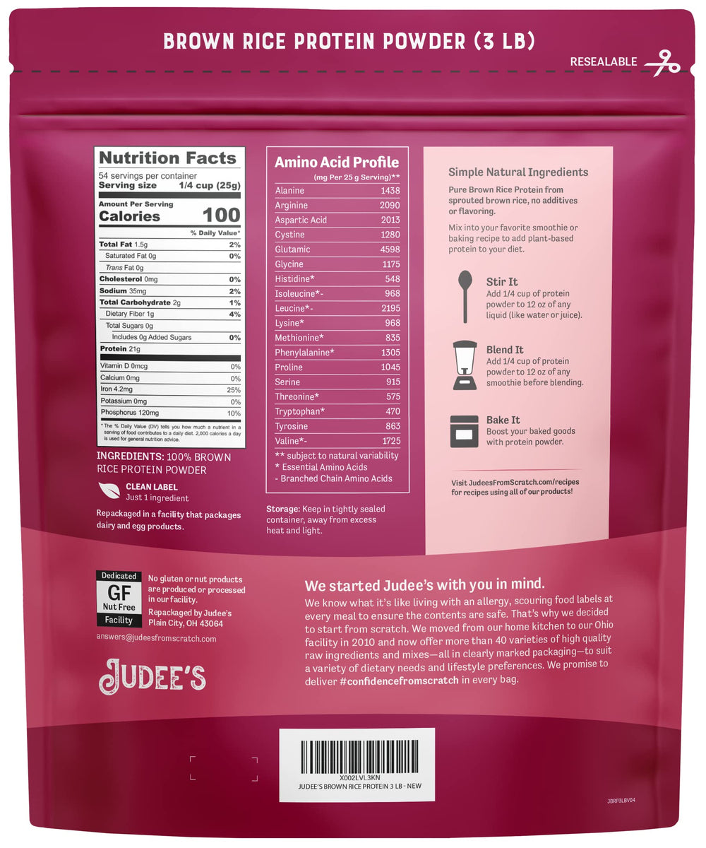 Judee's Brown Rice Protein Powder scoop in glass shake for easy smoothies.