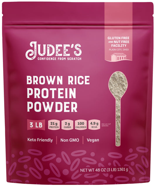Judee's Gluten Free Brown Rice Protein Powder bottle showing sprouted rice formula for gluten-free diets.