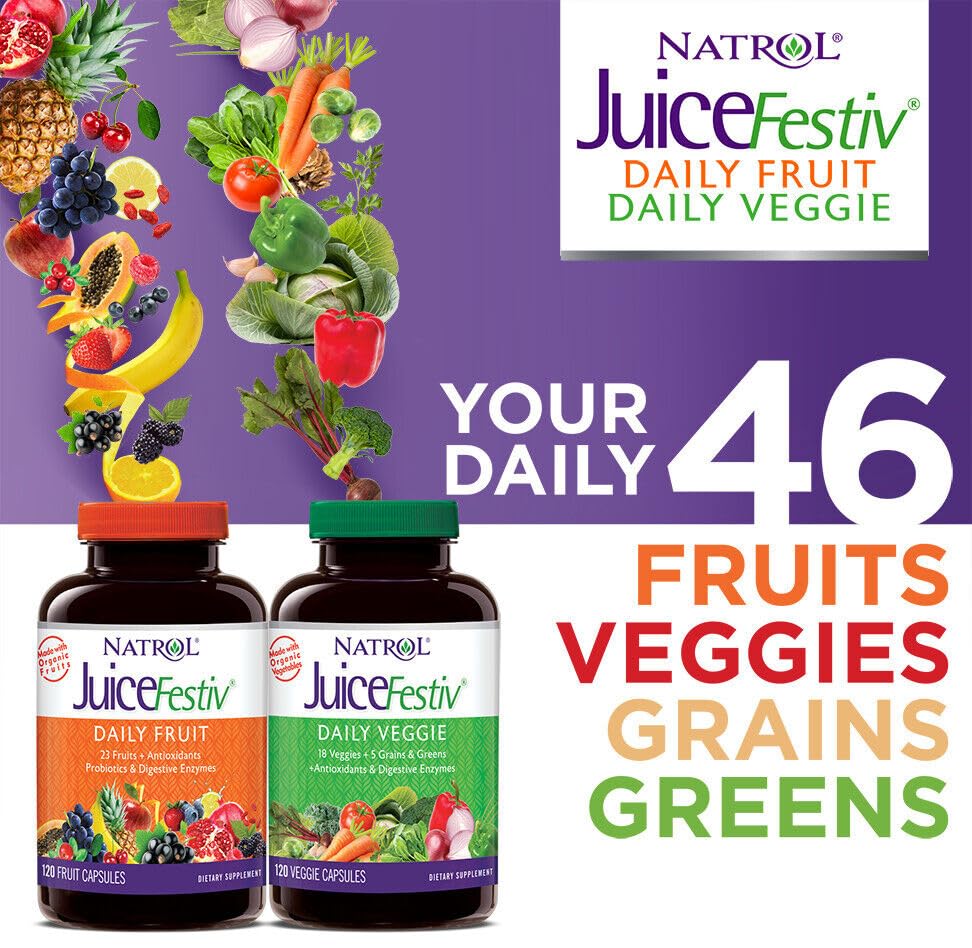 Juice Festiv veggie bottle with greens, grains, and enzymes for daily balance.