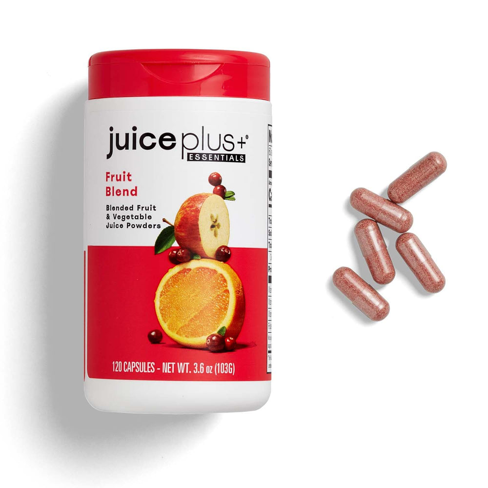 Juice Plus+ Fruit Blend bottle front highlighting plant-based nutrition for daily energy