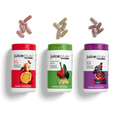Juice Plus+ Fruit, Vegetable & Berry Blend bottle showing diverse nutrients for daily health support