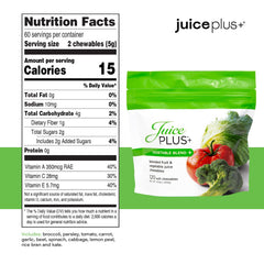 Close-up of Juice Plus+ soft chew texture, easy to chew and tasty vegan supplement.