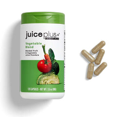 Juice Plus+ Vegetable Blend bottle showing plant-based nutrition for daily wellness.