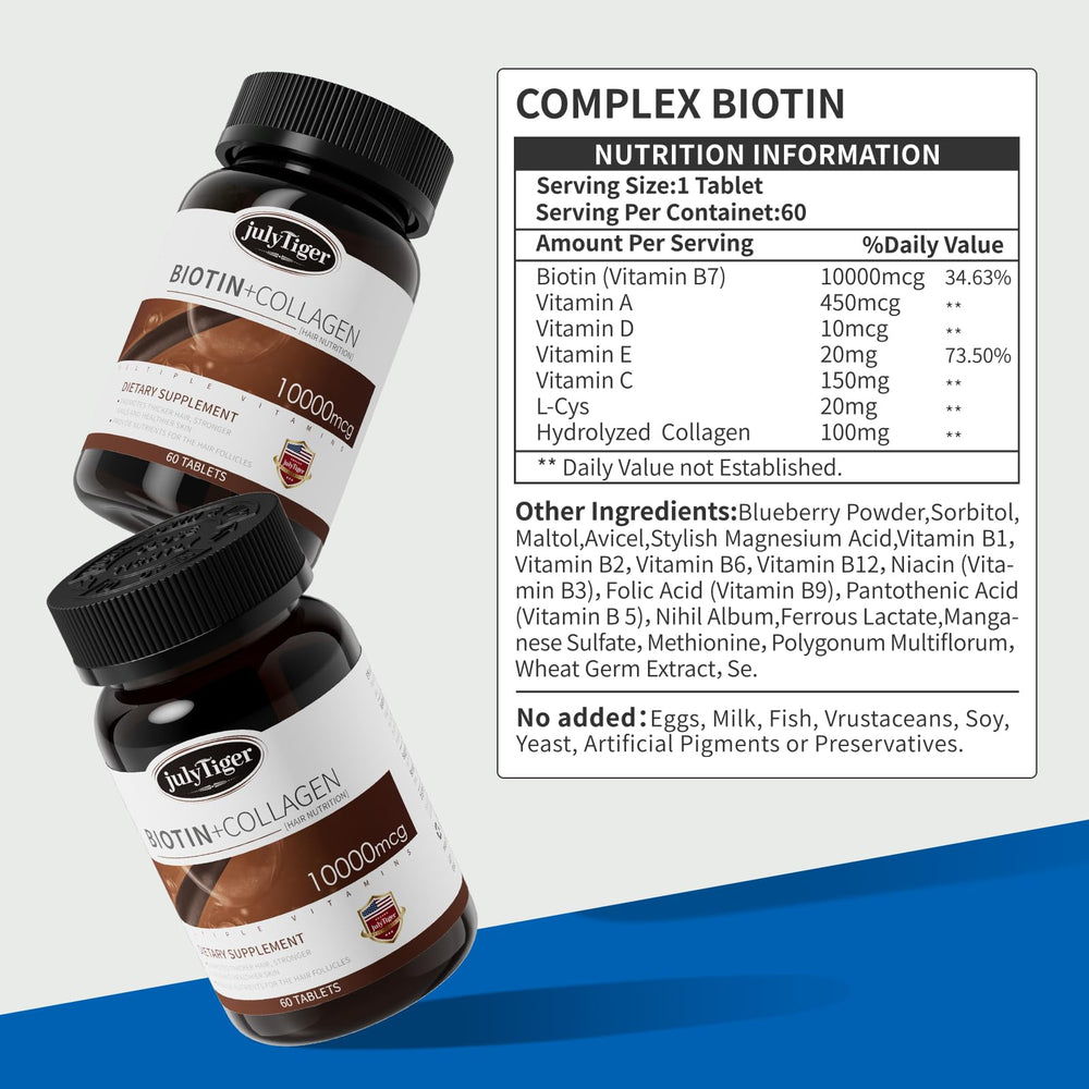 julytiegr biotin capsules closeup showing small tablets for energy metabolism.