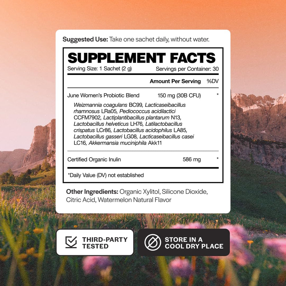 Ingredient panel shows organic inulin prebiotic for gut nourishment.