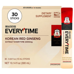 Jung Kwan Jang Everytime red ginseng stick packaging highlights convenient, caffeine-free energy support.