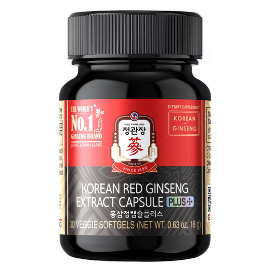 Jung Kwan Jang Korean Red Ginseng extract capsules packaging highlights vegan formula and potency.