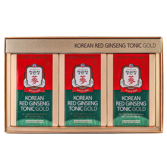 JungKwanJang Korean Red Ginseng Tonics Gold bottle pour promotes steady energy without jitters.