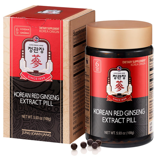 Jung Kwan Jang red ginseng extract bottle front shows caffeine-free energy support.