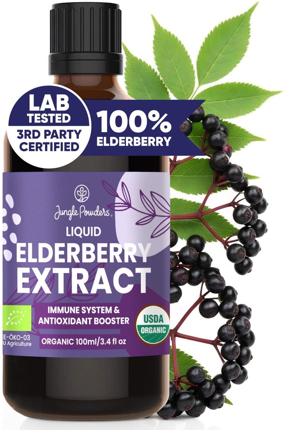 Jungle Powders Organic Elderberry Syrup bottle for daily immune support