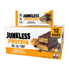 JUNKLESS Chocolate Peanut Butter bar in packaging, ideal for a quick protein on the go.