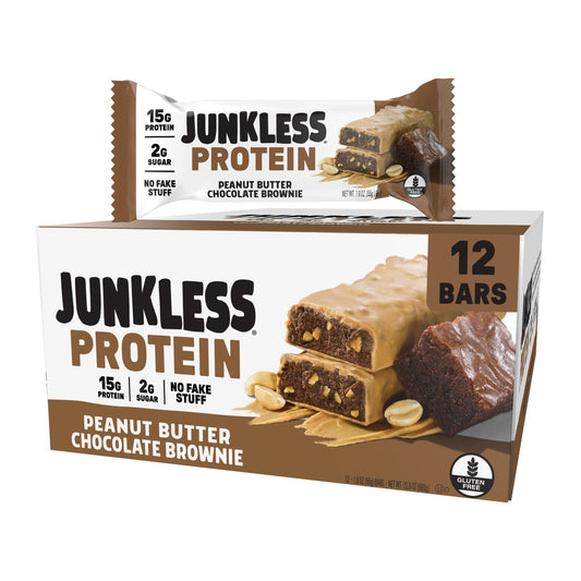 JUNKLESS Peanut Butter Chocolate Brownie bar pack front showing gluten-free energy snack.