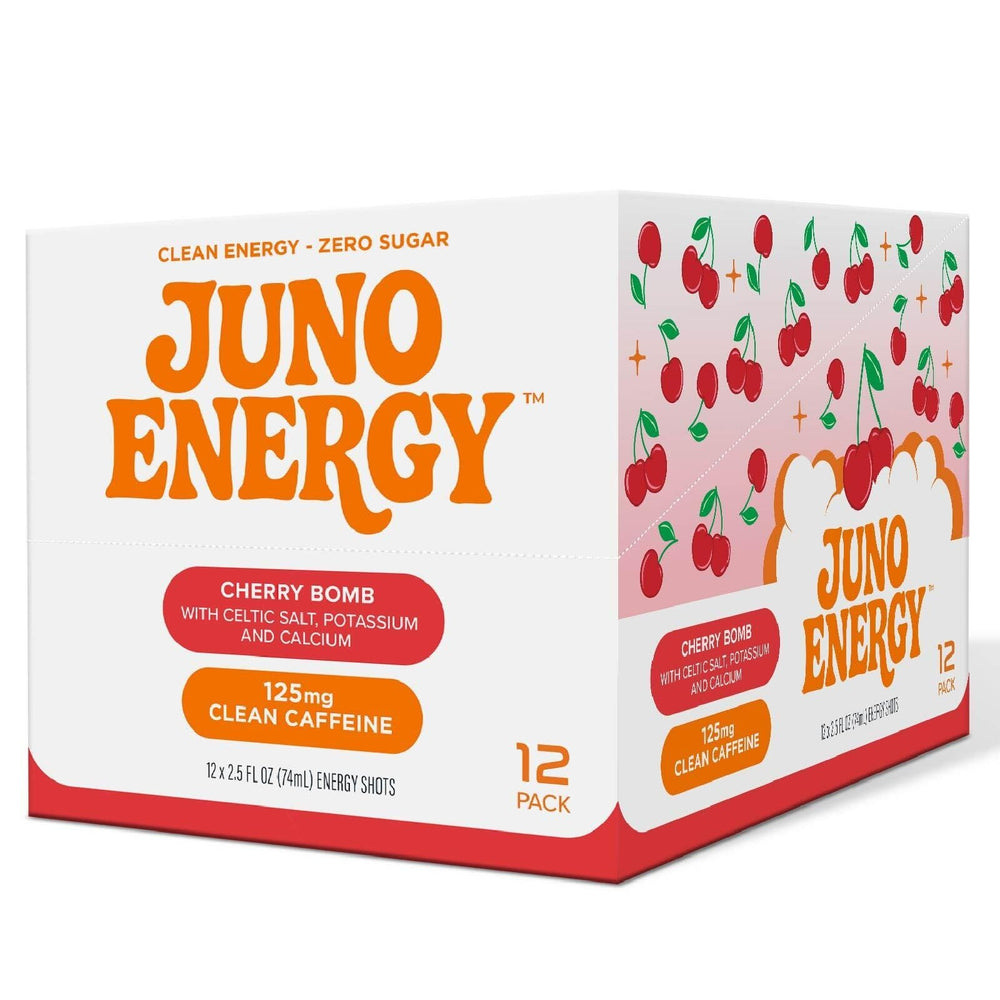 JUNO Energy Shot 12-pack display with multiple bottles showcases value