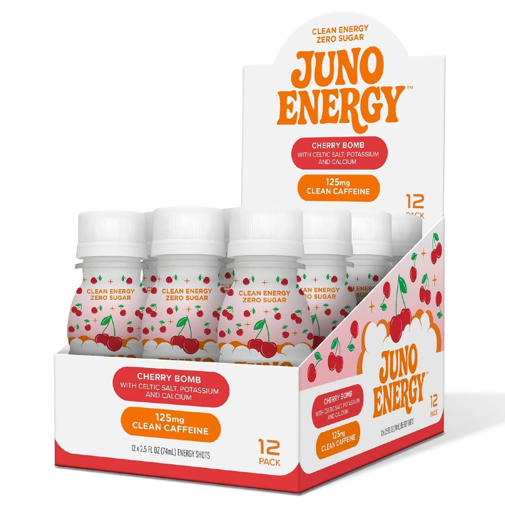 JUNO Energy Shot BPA-free PET bottle closeup emphasizes clean materials