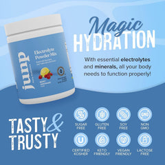 Kitchen display showing JUNP berry lemonade electrolyte powder for daily hydration