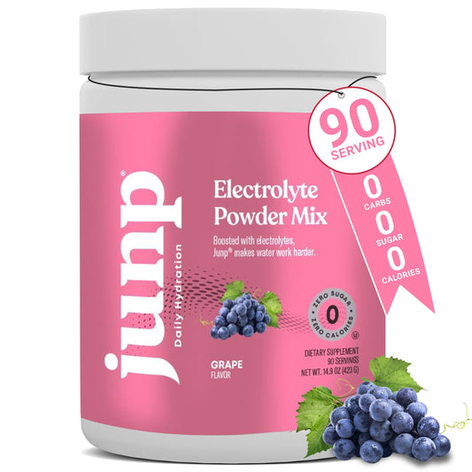 JUNP grape electrolyte powder bottle for refreshing, sugar-free hydration during workouts.
